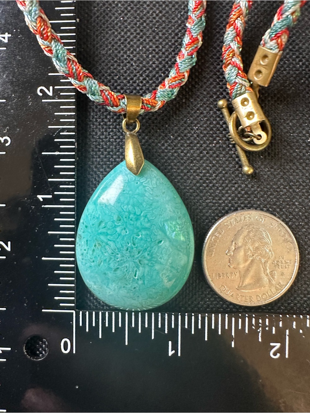 Handcrafted Green Coral Fossil Teardrop Pendant Necklace on Multicolor Rope - Picture 14 of 15